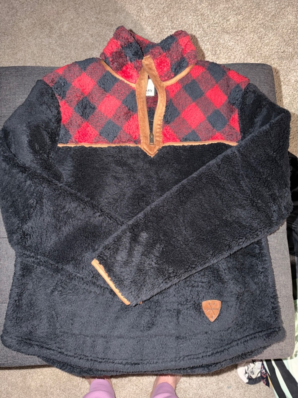 Legendary Whitetails Black Sherpa Pullover with Red & Black Plaid Yoke